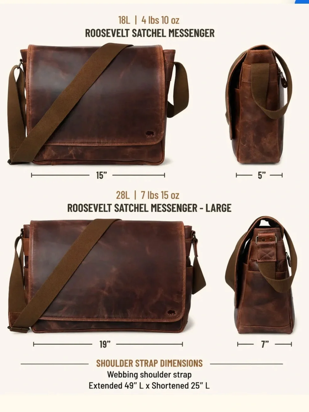 ROOSEVELT Buffalo Jackson Leather Satchel Messenger Bag Full Grain Distressed